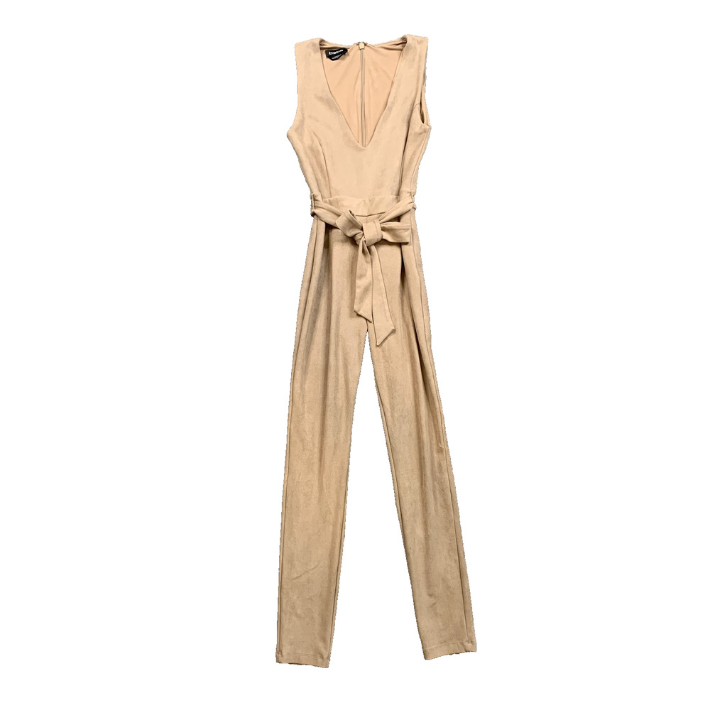 Bebe Jumpsuit Womens 4 Tan Faux Suede Sleeveless Plunge Neck Belted Stretch